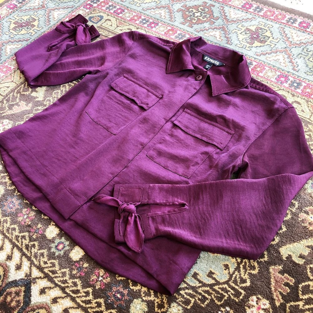 Silky Maroon Tie-Sleeve Button-Front Collared Blouse by Express